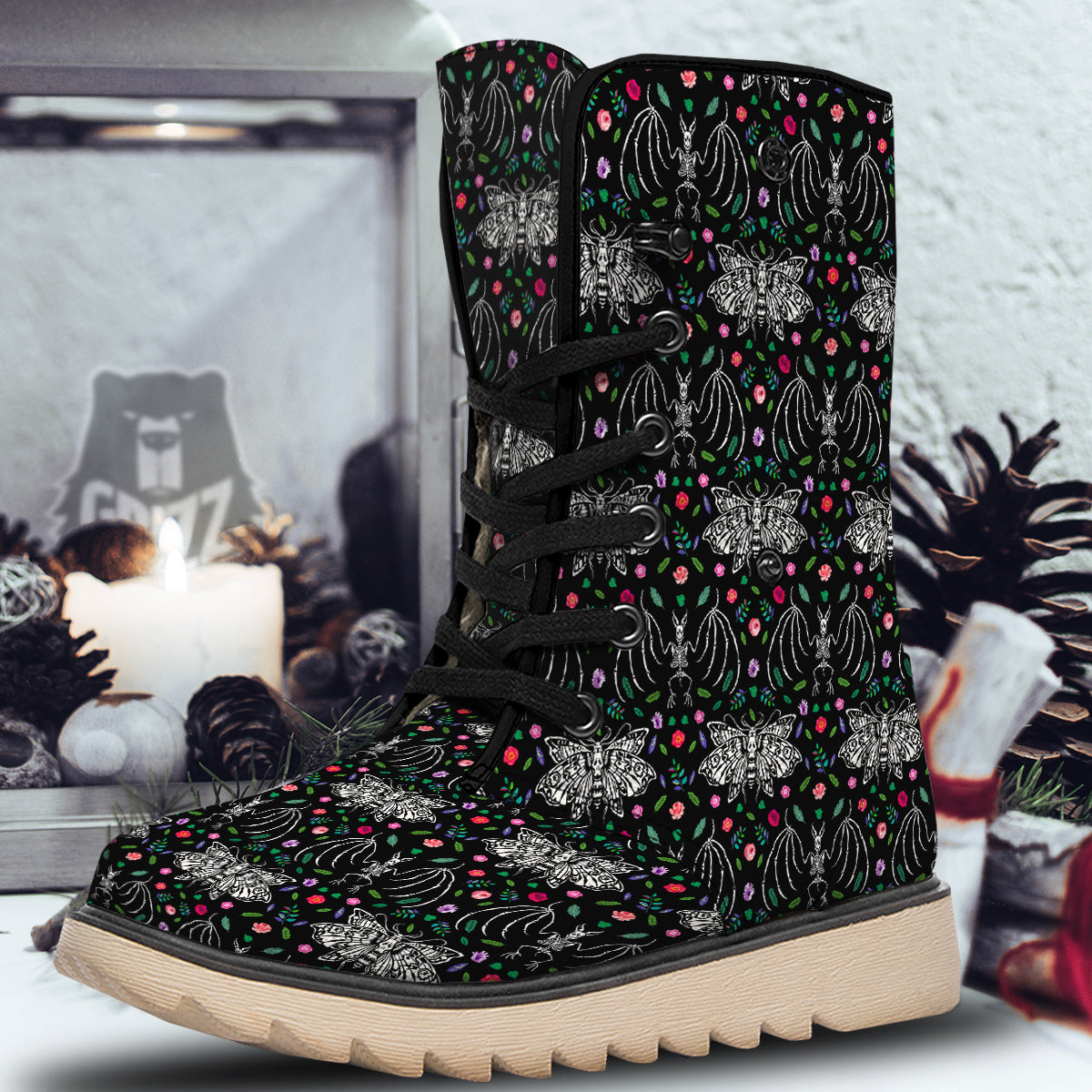 Butterflies And Skeletons of Bats Print Pattern Snow Boots-grizzshop