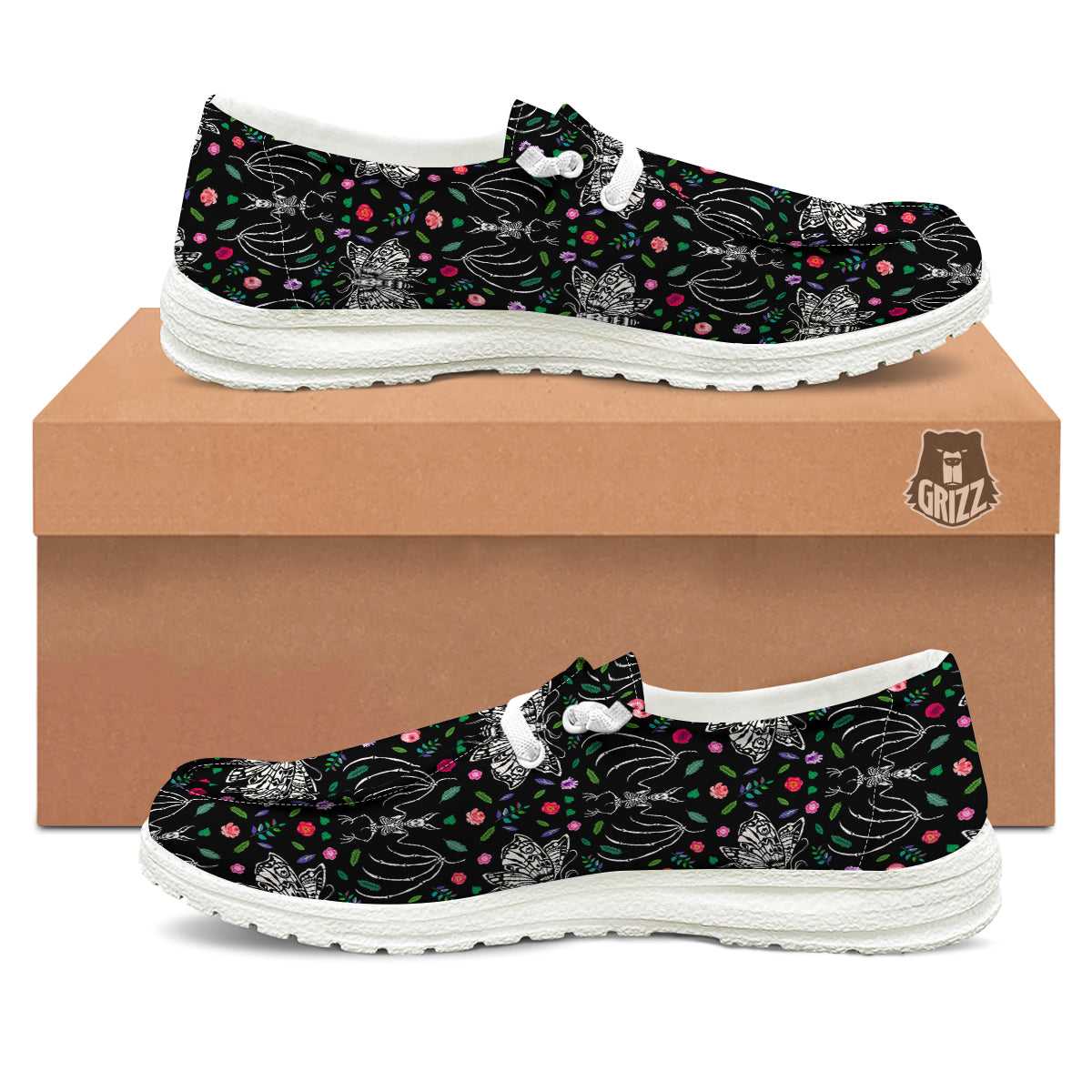 Butterflies And Skeletons of Bats Print Pattern White Loafers-grizzshop