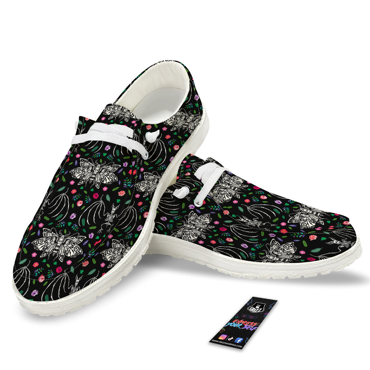 Butterflies And Skeletons of Bats Print Pattern White Loafers-grizzshop