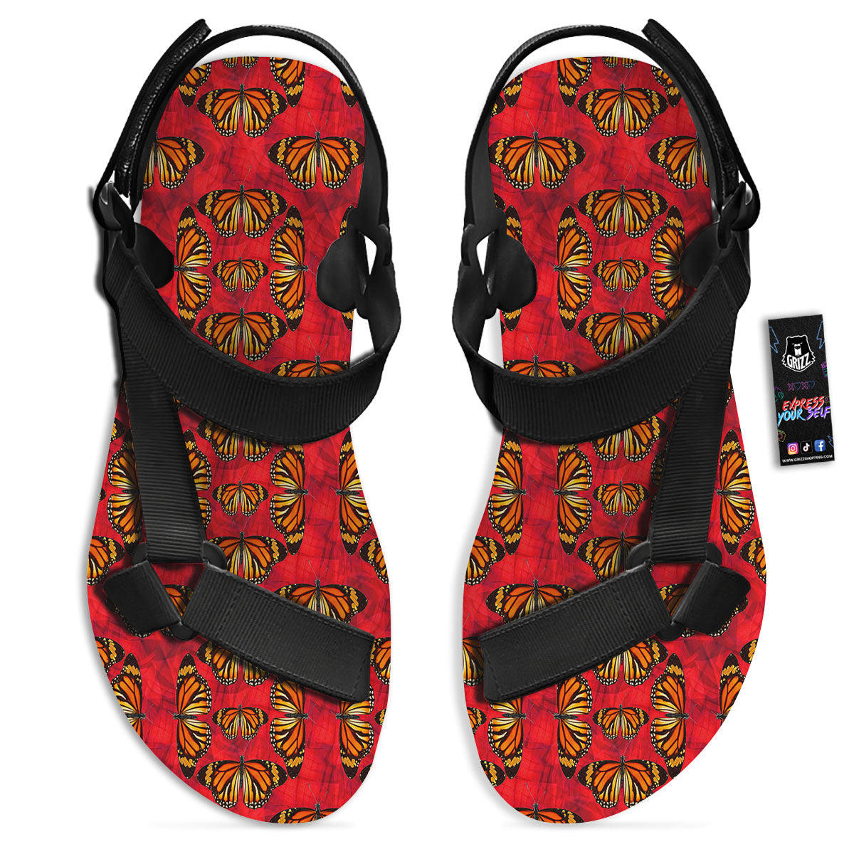Butterflies Monarch Orange Print Pattern Black Open Toe Sandals-grizzshop