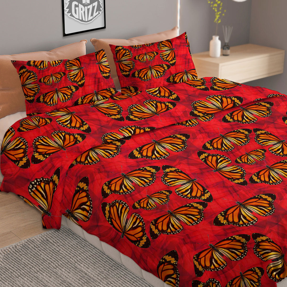 Butterflies Monarch Orange Print Pattern Duvet Cover Bedding Set