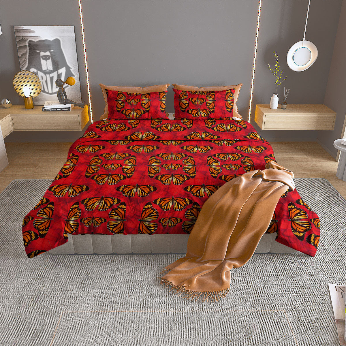 Butterflies Monarch Orange Print Pattern Duvet Cover Bedding Set