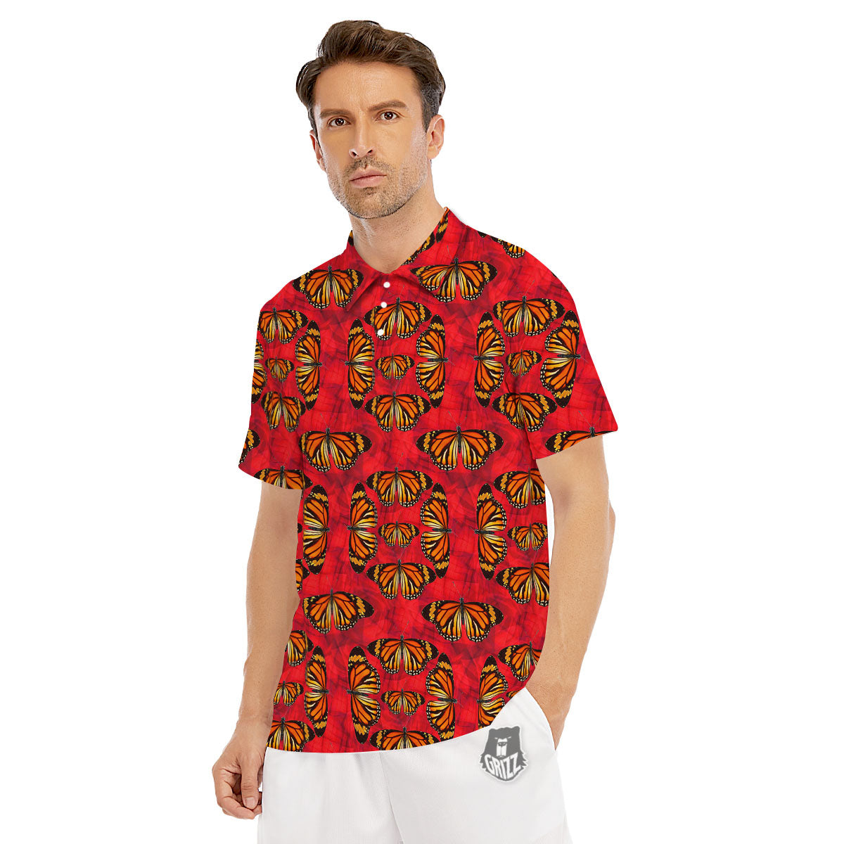 Butterflies Monarch Orange Print Pattern Men's Golf Shirts-grizzshop