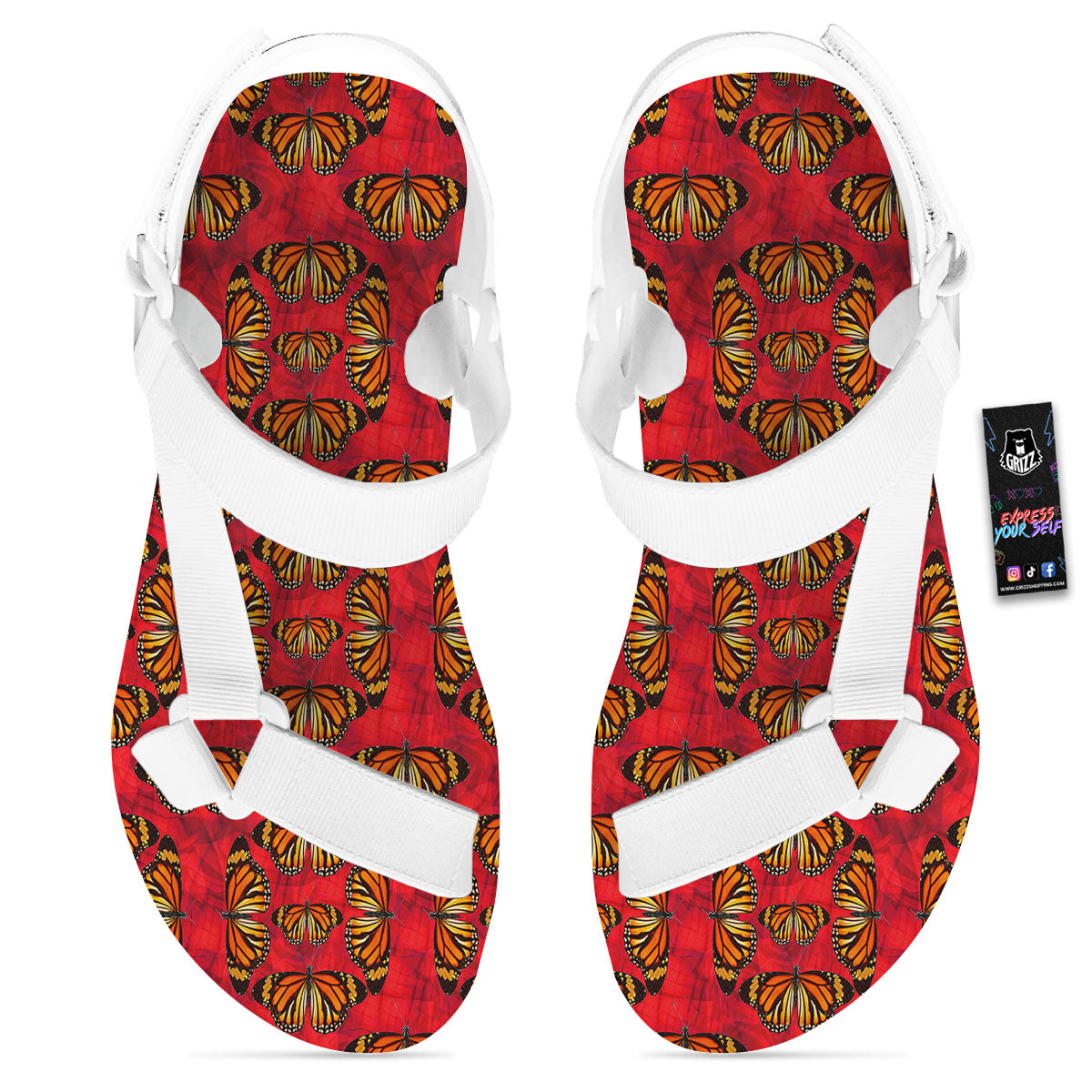 Butterflies Monarch Orange Print Pattern White Open Toe Sandals-grizzshop