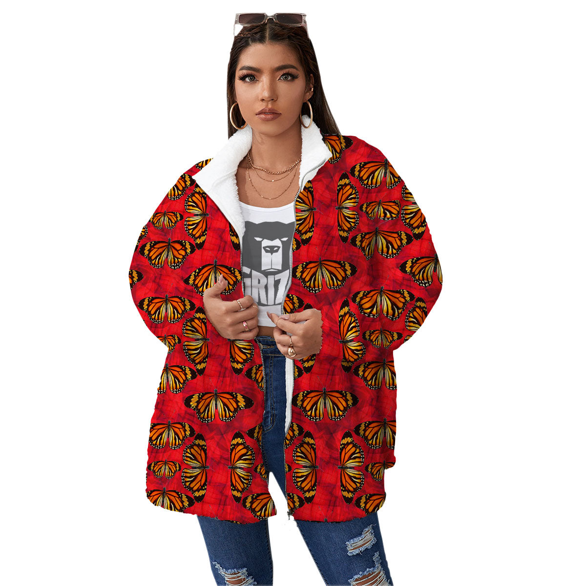 Butterflies Monarch Orange Print Pattern Women's Sherpa Jacket-grizzshop
