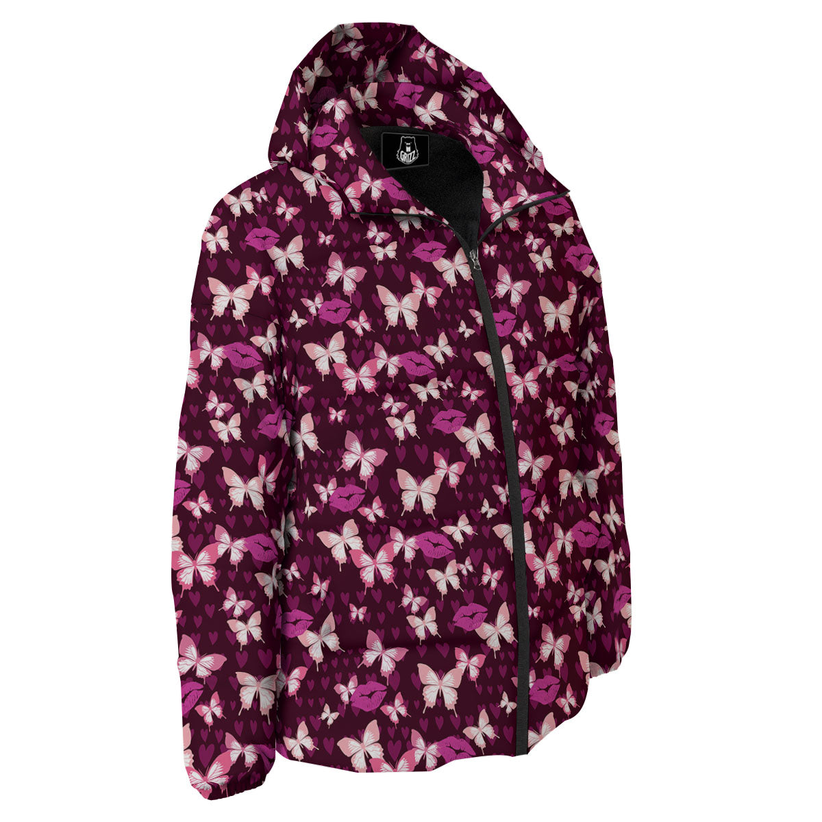 Butterfly And Girly Heart Print Pattern Down Jacket-grizzshop