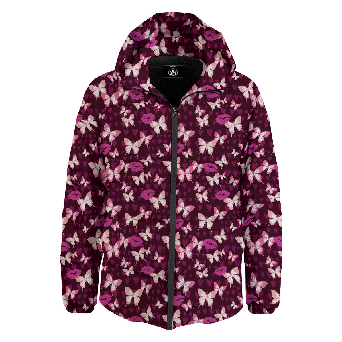 Butterfly And Girly Heart Print Pattern Down Jacket-grizzshop