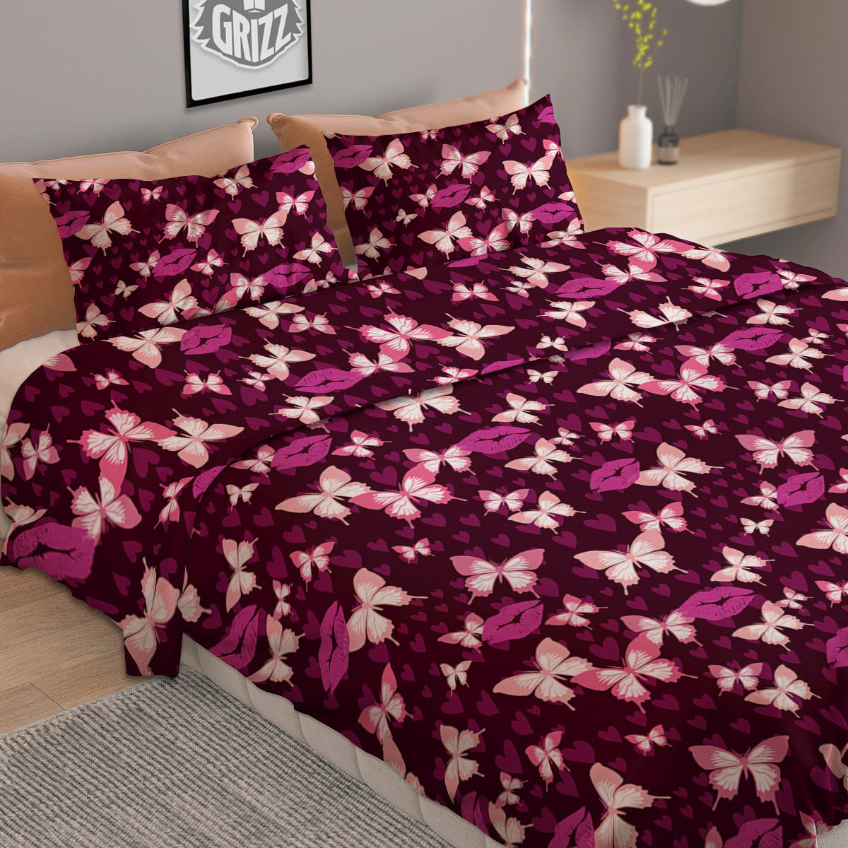 Butterfly And Girly Heart Print Pattern Duvet Cover Bedding Set