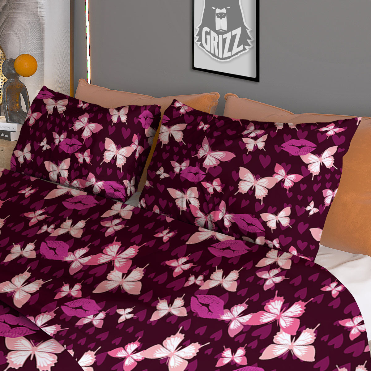 Butterfly And Girly Heart Print Pattern Duvet Cover Bedding Set