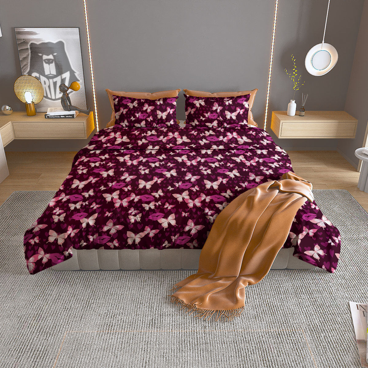 Butterfly And Girly Heart Print Pattern Duvet Cover Bedding Set
