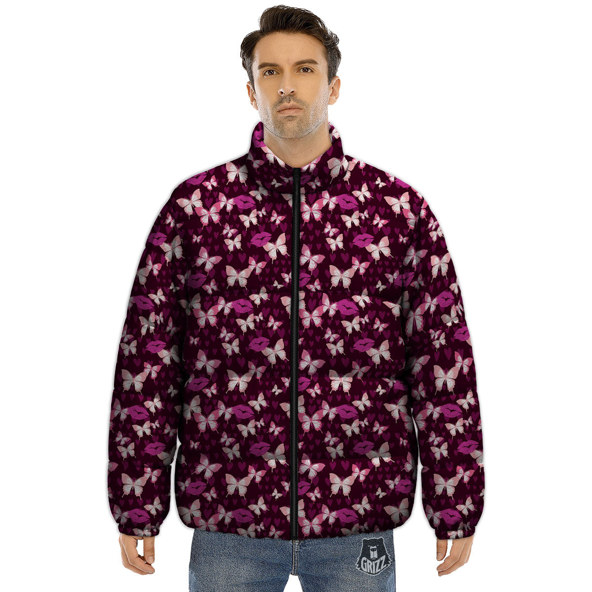 Butterfly And Girly Heart Print Pattern Puffer Jacket-grizzshop