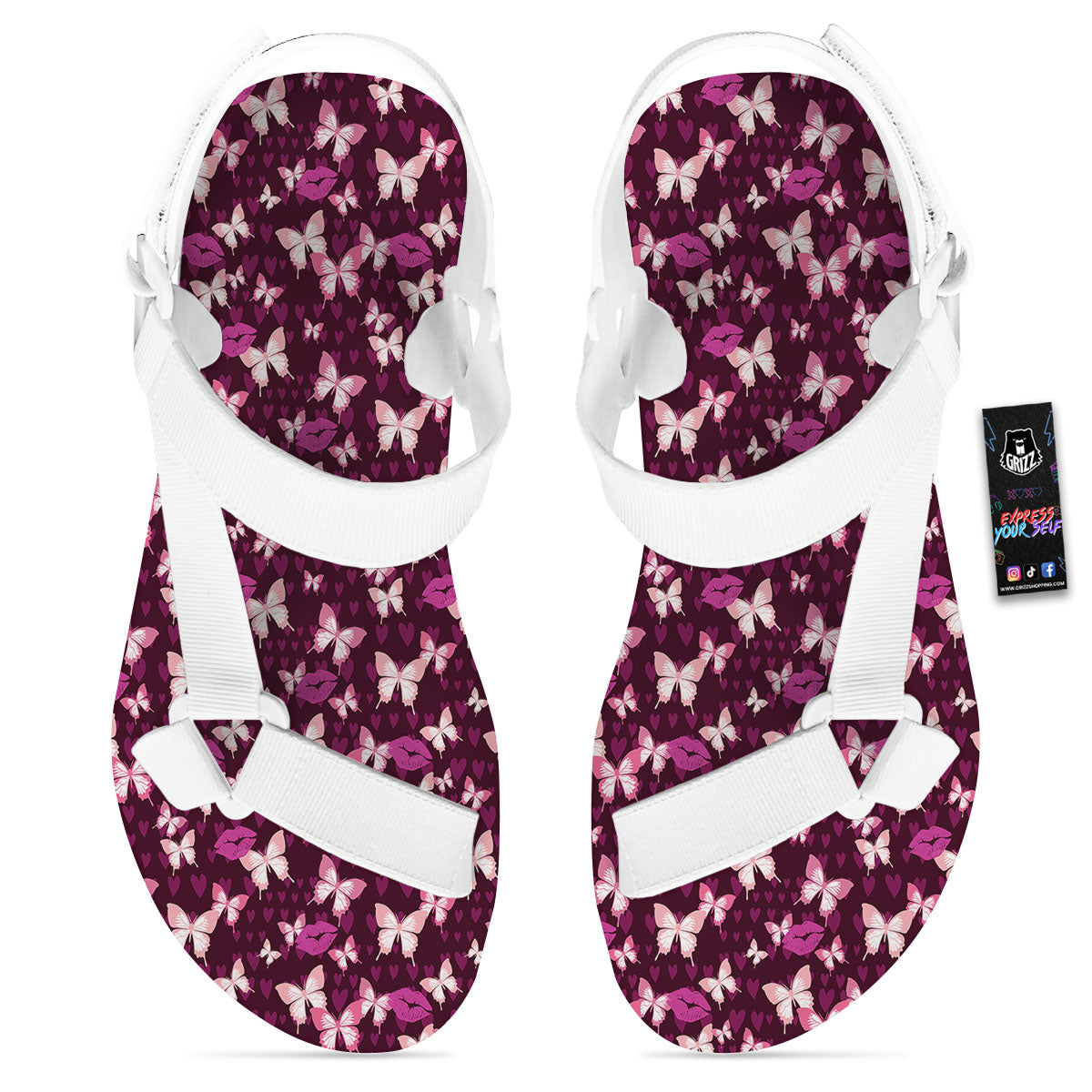 Butterfly And Girly Heart Print Pattern White Open Toe Sandals-grizzshop
