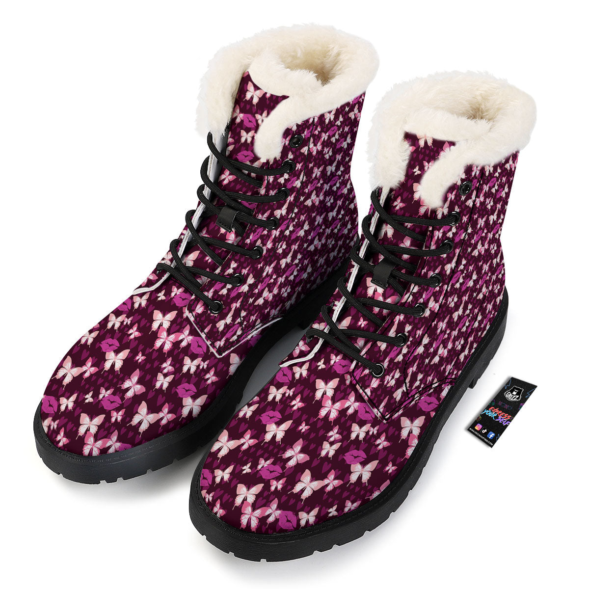 Butterfly And Girly Heart Print Pattern Winter Boots-grizzshop