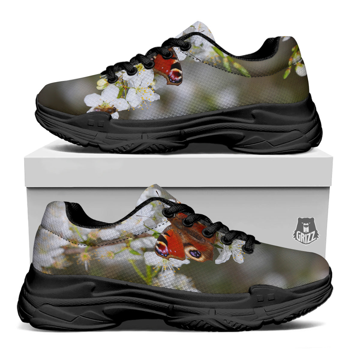 Butterfly Blossom Flower Print Black Chunky Shoes-grizzshop