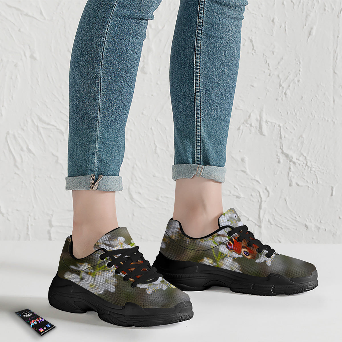 Butterfly Blossom Flower Print Black Chunky Shoes-grizzshop