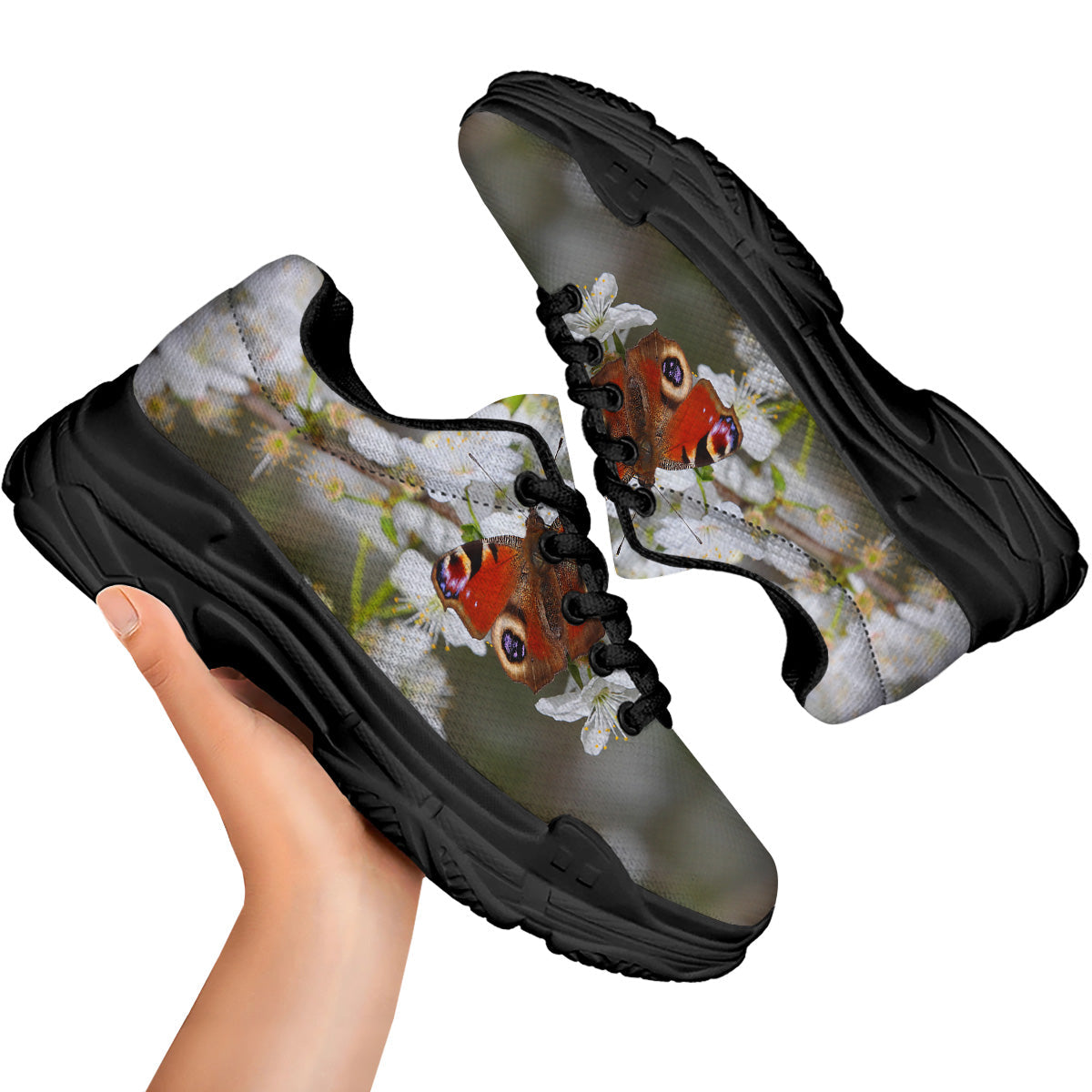 Butterfly Blossom Flower Print Black Chunky Shoes-grizzshop
