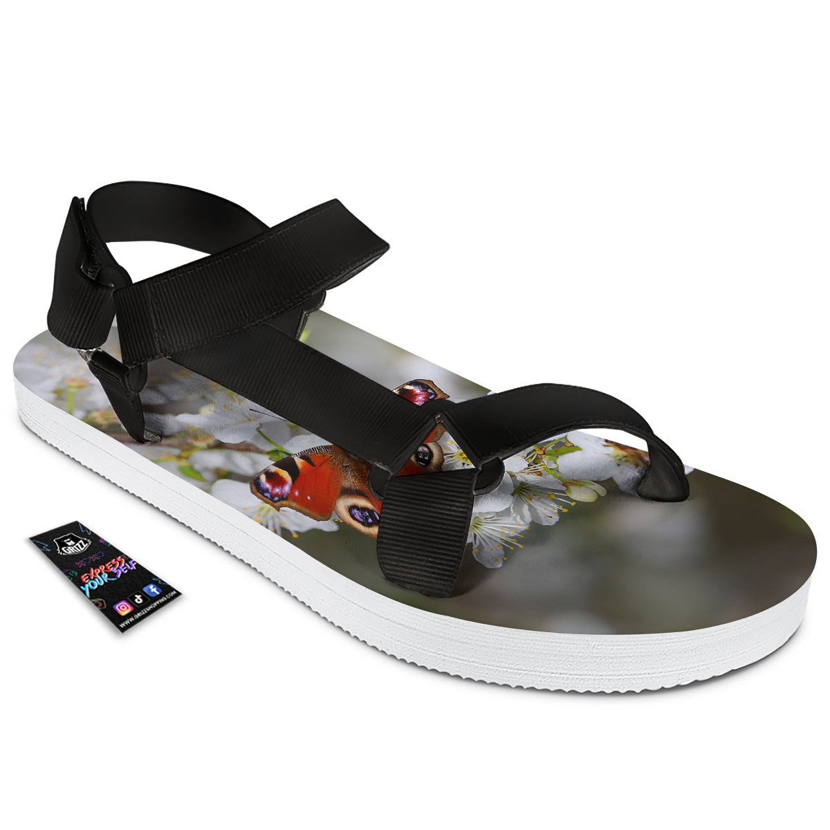 Butterfly Blossom Flower Print Black Open Toe Sandals-grizzshop