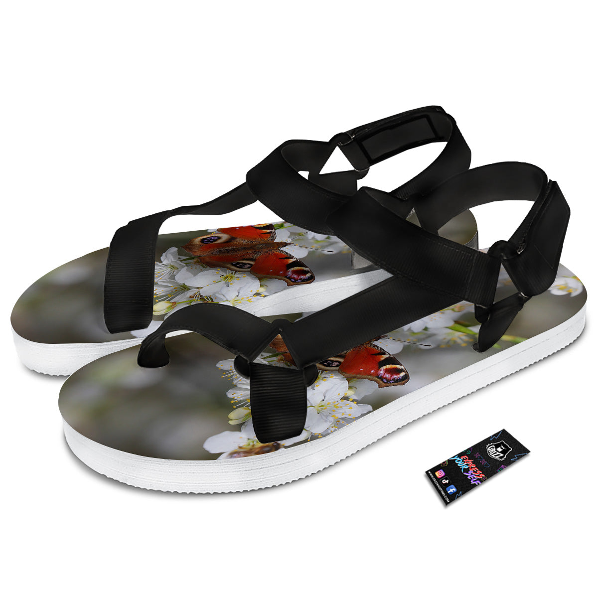 Butterfly Blossom Flower Print Black Open Toe Sandals-grizzshop