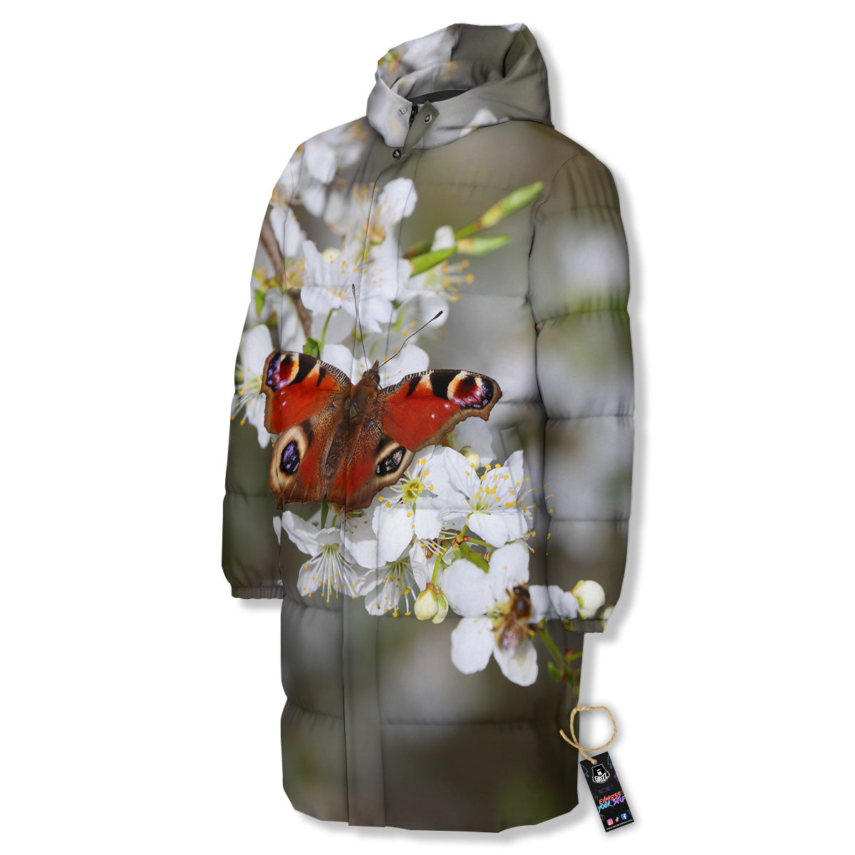 Butterfly Blossom Flower Print Long Down Jacket-grizzshop