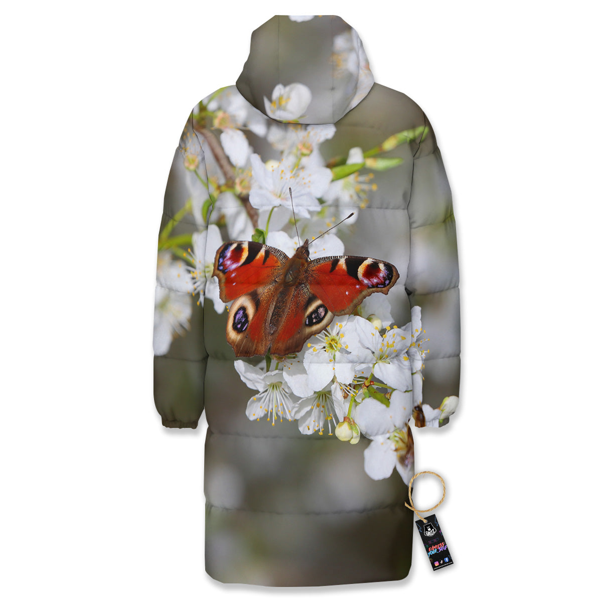 Butterfly Blossom Flower Print Long Down Jacket-grizzshop