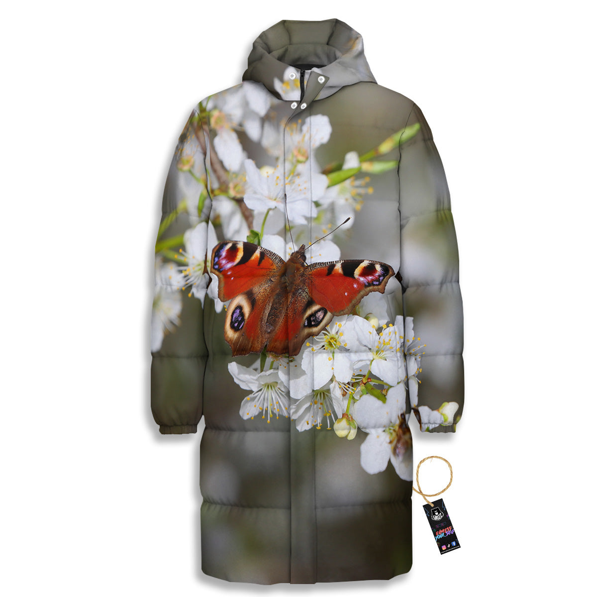 Butterfly Blossom Flower Print Long Down Jacket-grizzshop