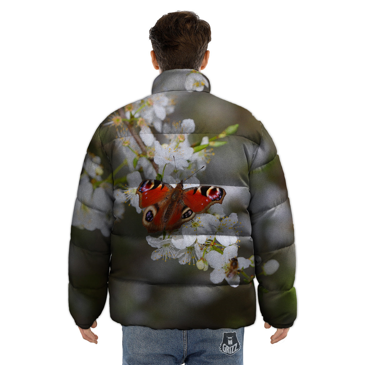 Butterfly Blossom Flower Print Puffer Jacket-grizzshop
