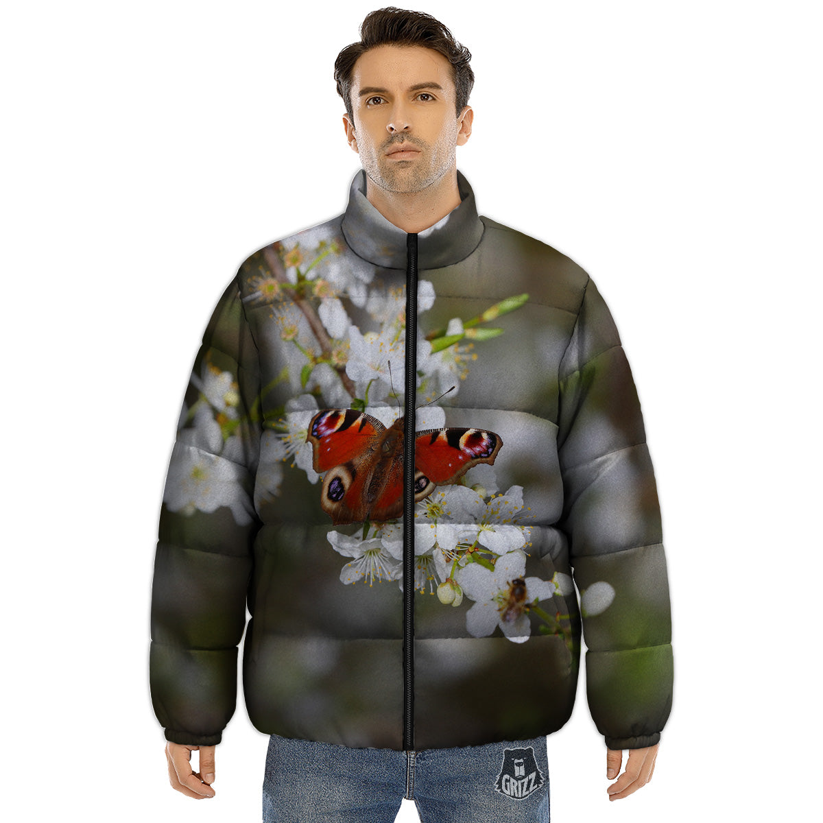 Butterfly Blossom Flower Print Puffer Jacket-grizzshop