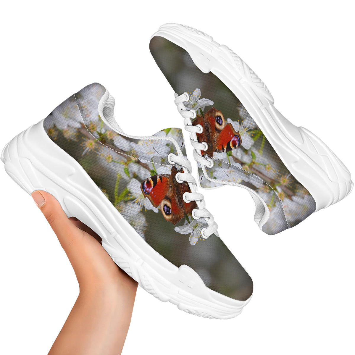 Butterfly Blossom Flower Print White Chunky Shoes-grizzshop
