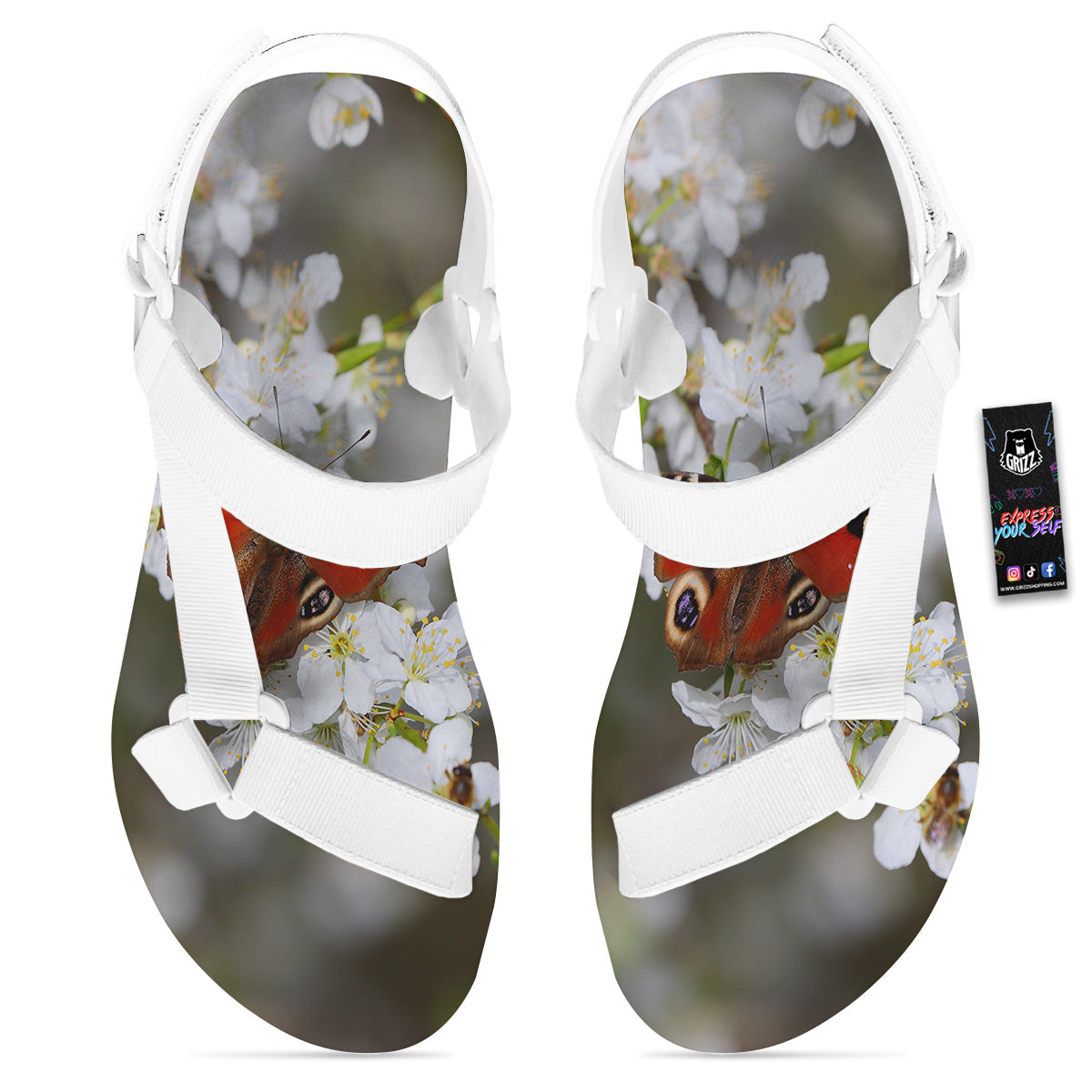 Butterfly Blossom Flower Print White Open Toe Sandals-grizzshop