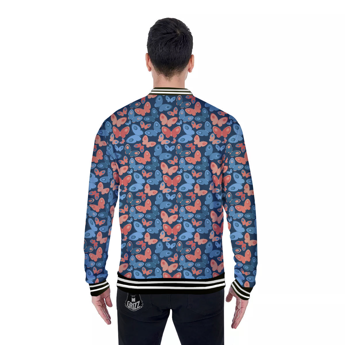 Butterfly Blue And Orange Print Baseball Jacket-grizzshop