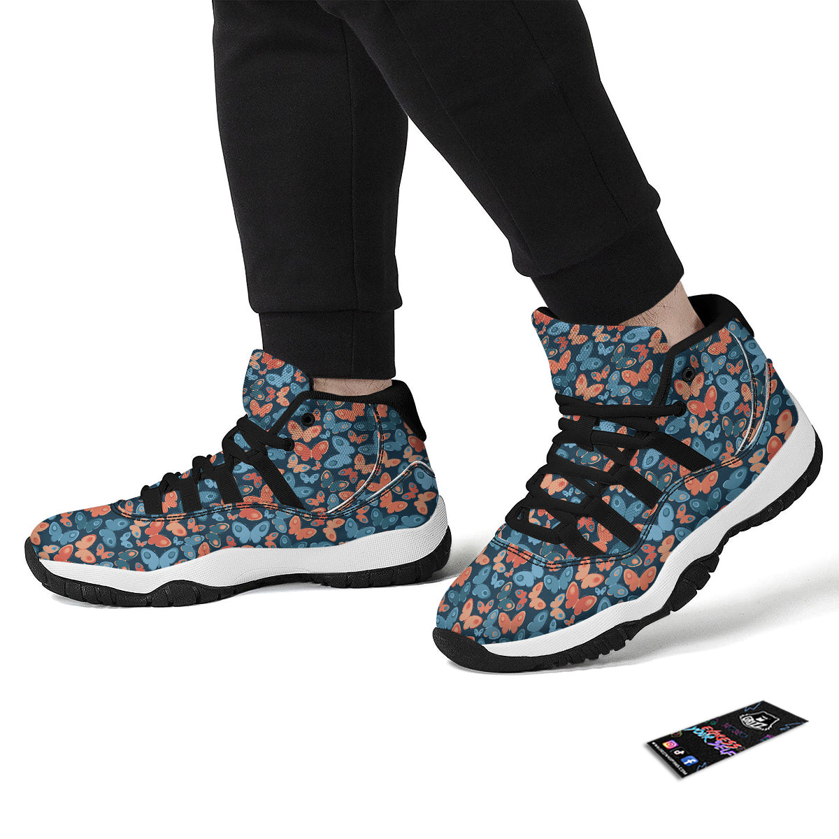 Butterfly Blue And Orange Print Black Bball Shoes-grizzshop