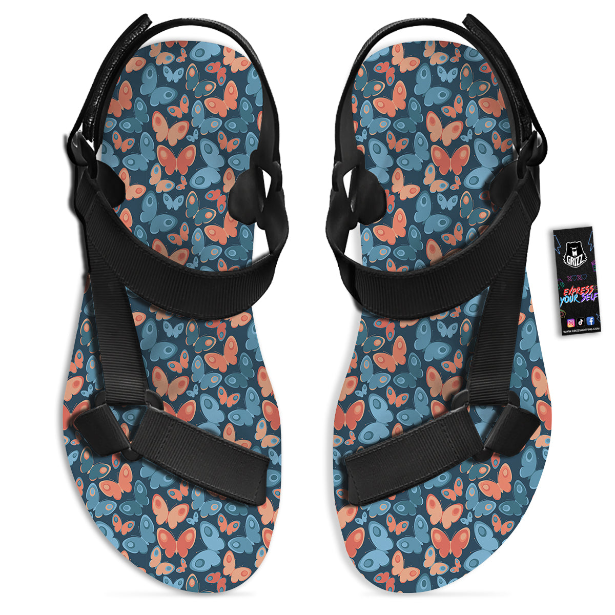 Butterfly Blue And Orange Print Black Open Toe Sandals-grizzshop