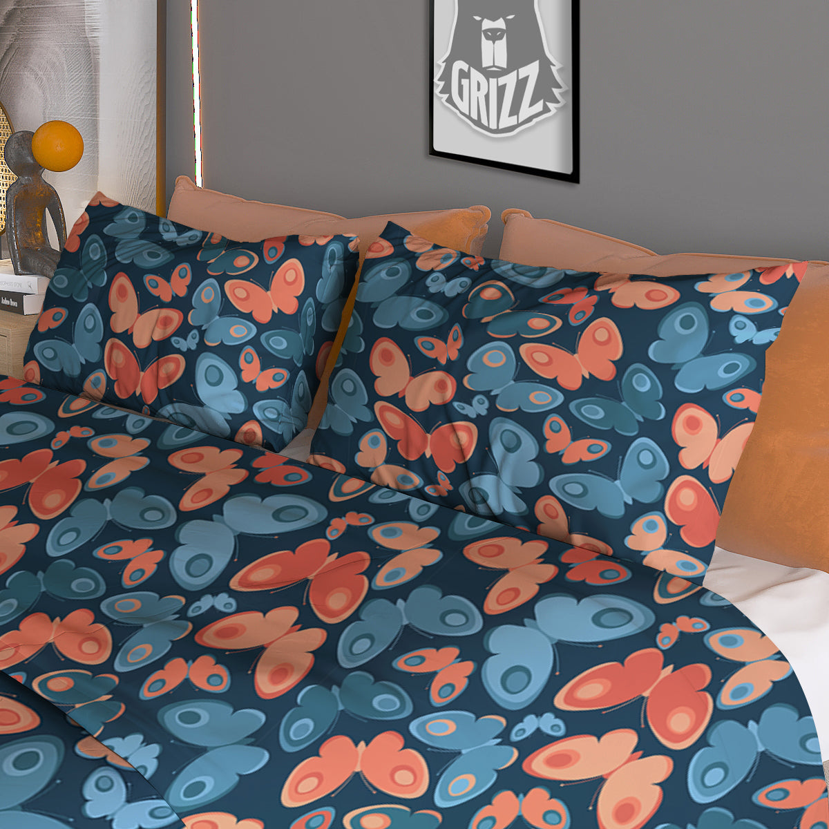 Butterfly Blue And Orange Print Duvet Cover Bedding Set