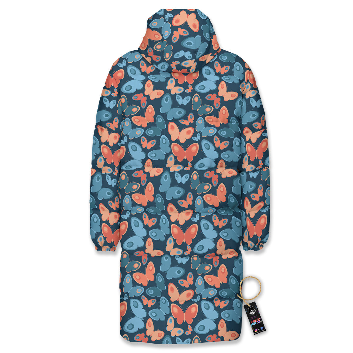 Butterfly Blue And Orange Print Long Down Jacket-grizzshop
