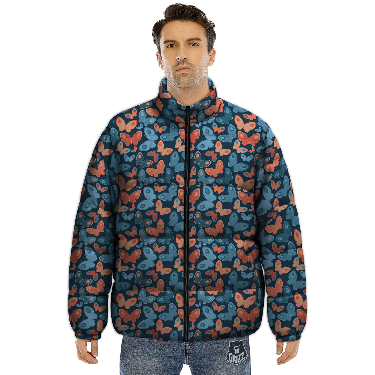 Butterfly Blue And Orange Print Puffer Jacket-grizzshop