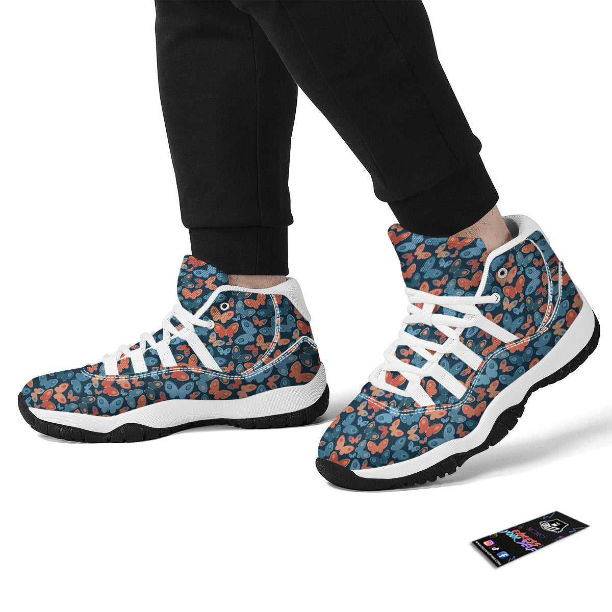 Butterfly Blue And Orange Print White Bball Shoes-grizzshop