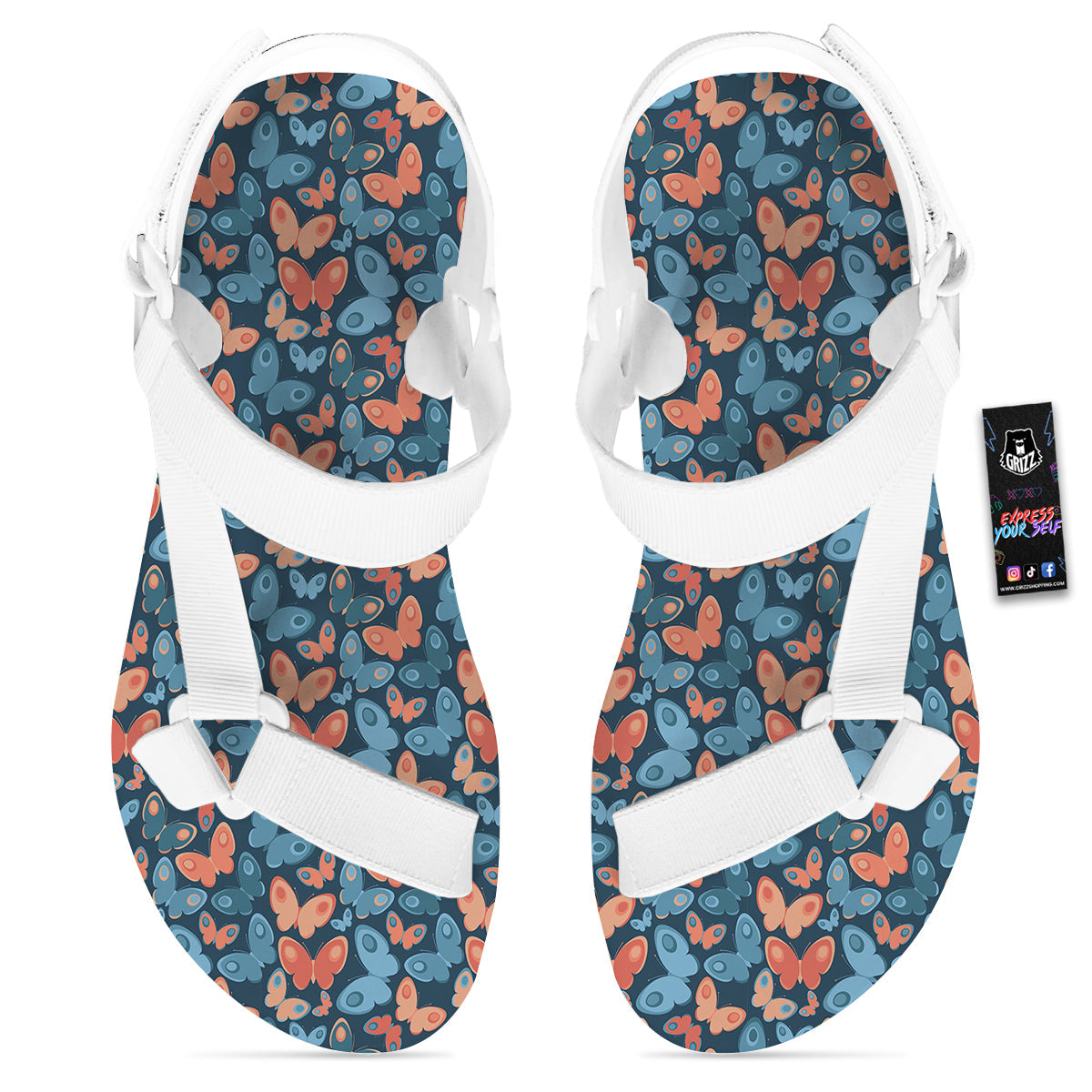 Butterfly Blue And Orange Print White Open Toe Sandals-grizzshop
