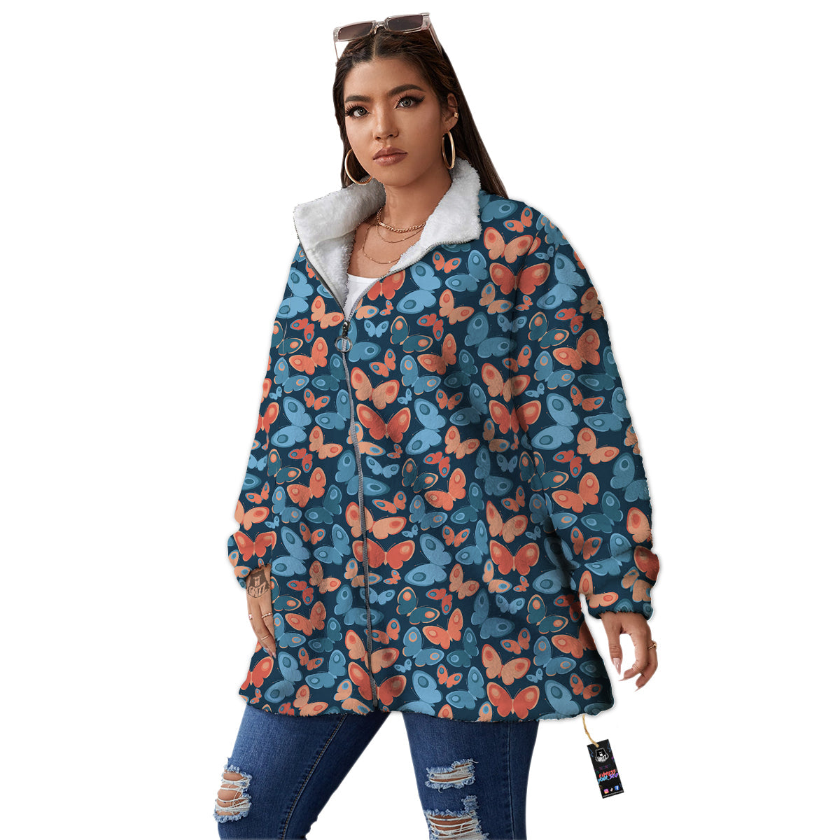 Butterfly Blue And Orange Print Women's Sherpa Jacket-grizzshop
