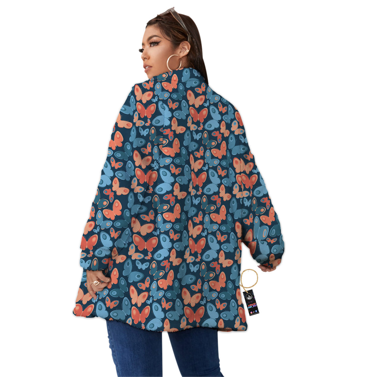 Butterfly Blue And Orange Print Women's Sherpa Jacket-grizzshop