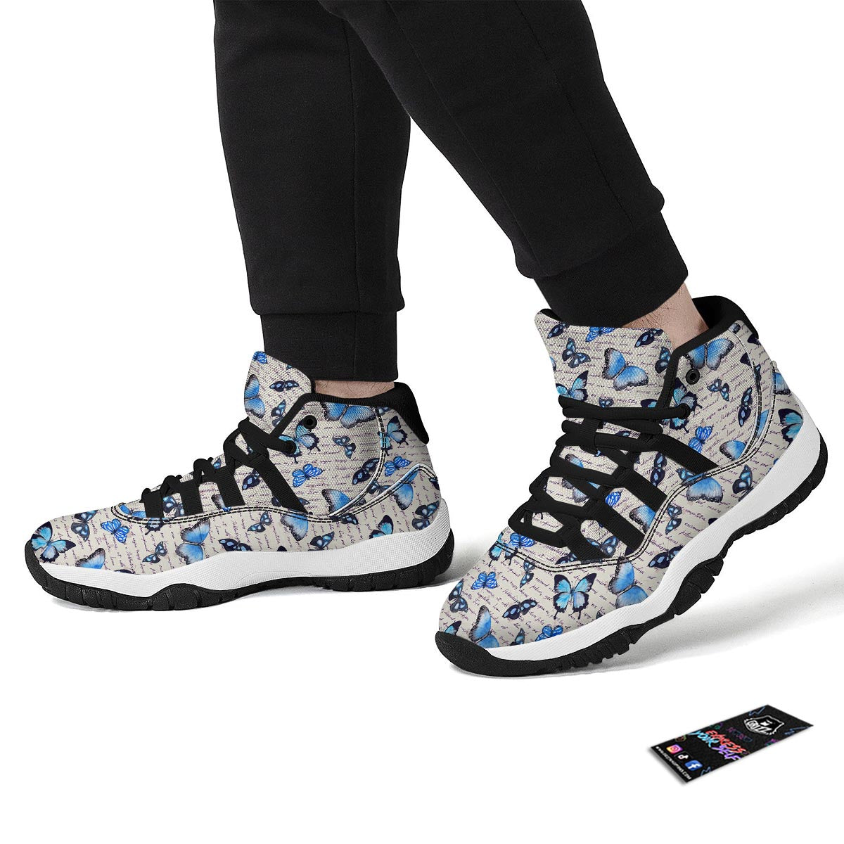 Butterfly Blue Pattern Print Black Bball Shoes-grizzshop