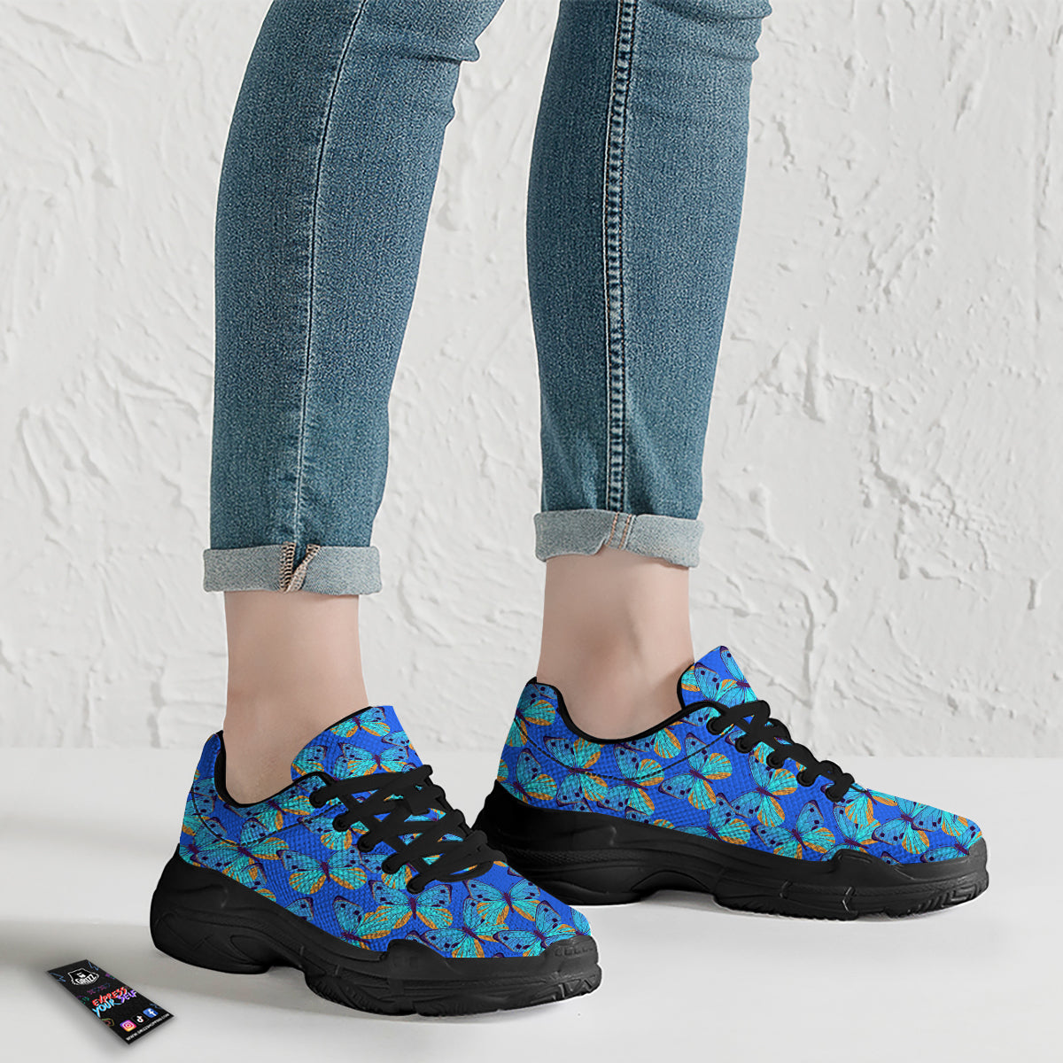 Butterfly Blue Watercolor Print Pattern Black Chunky Shoes-grizzshop