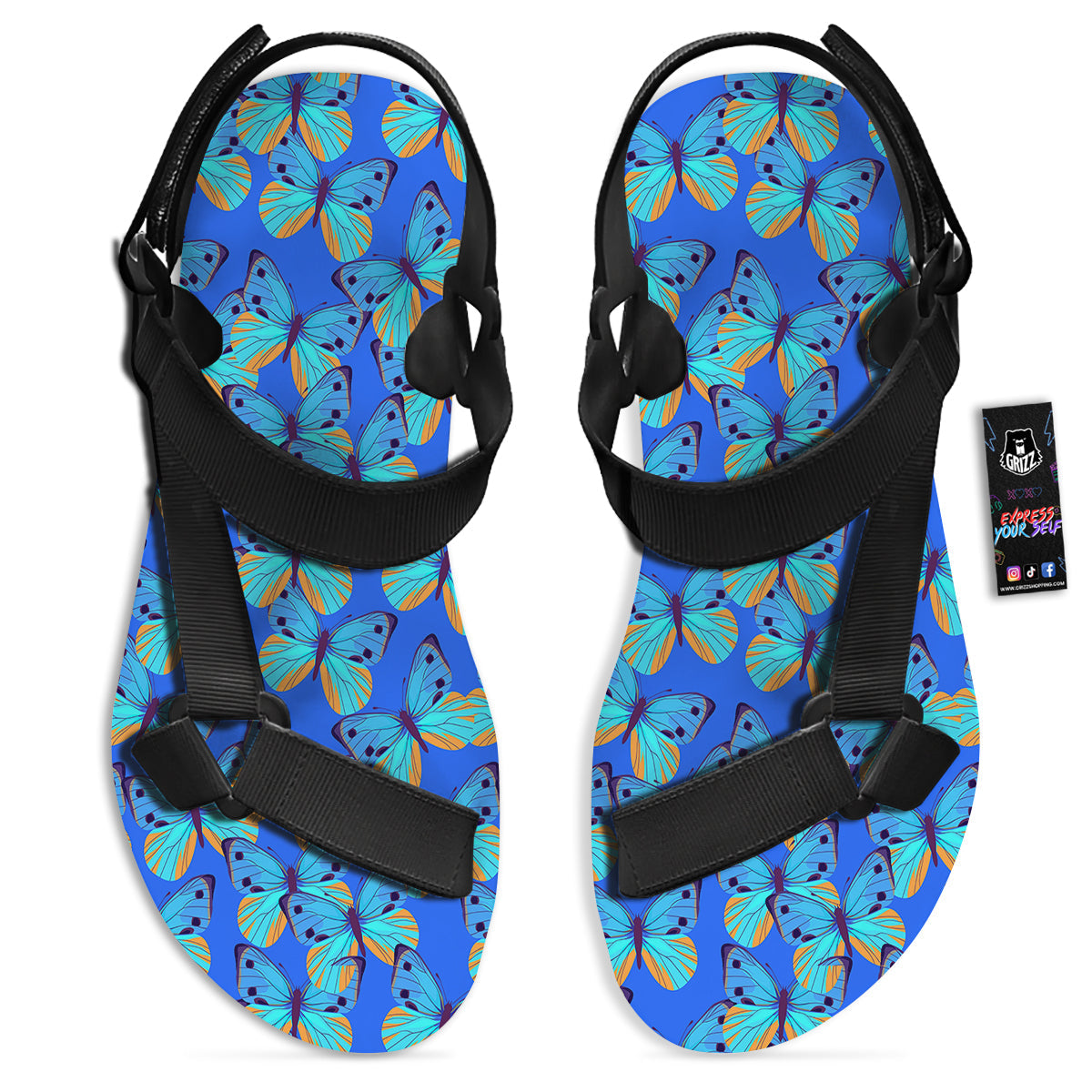 Butterfly Blue Watercolor Print Pattern Black Open Toe Sandals-grizzshop