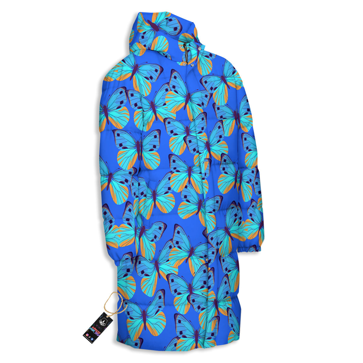 Butterfly Blue Watercolor Print Pattern Long Down Jacket-grizzshop