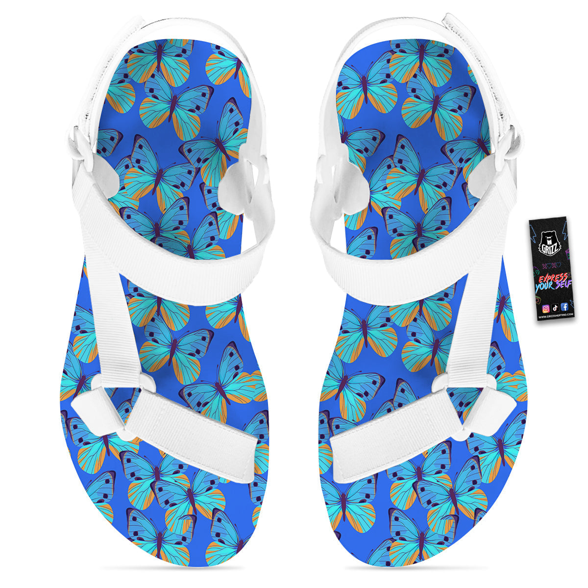 Butterfly Blue Watercolor Print Pattern White Open Toe Sandals-grizzshop