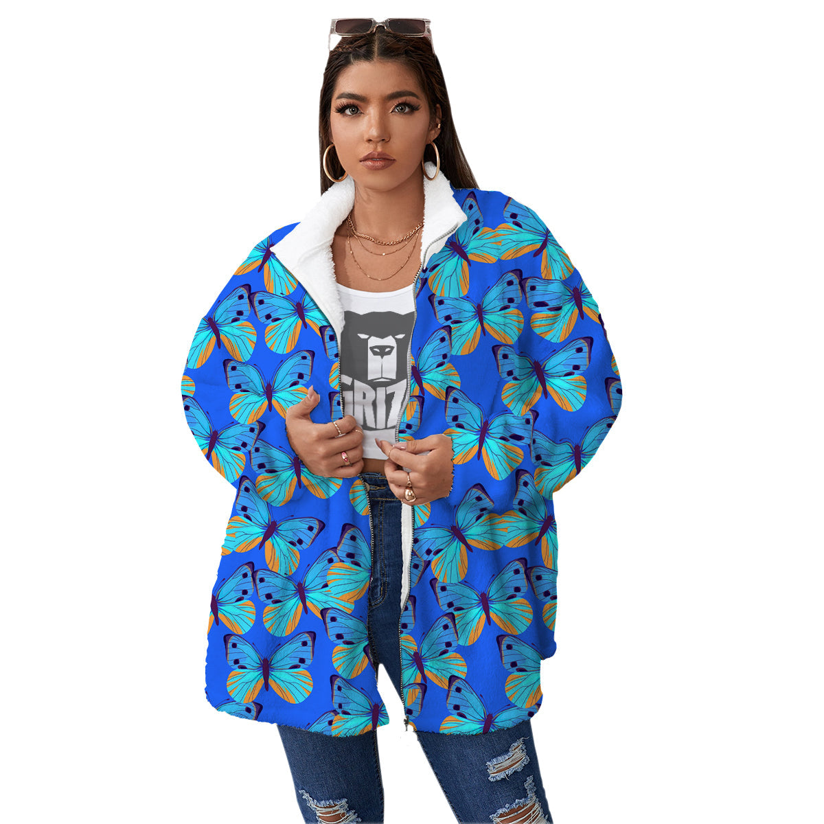 Butterfly Blue Watercolor Print Pattern Women's Sherpa Jacket-grizzshop