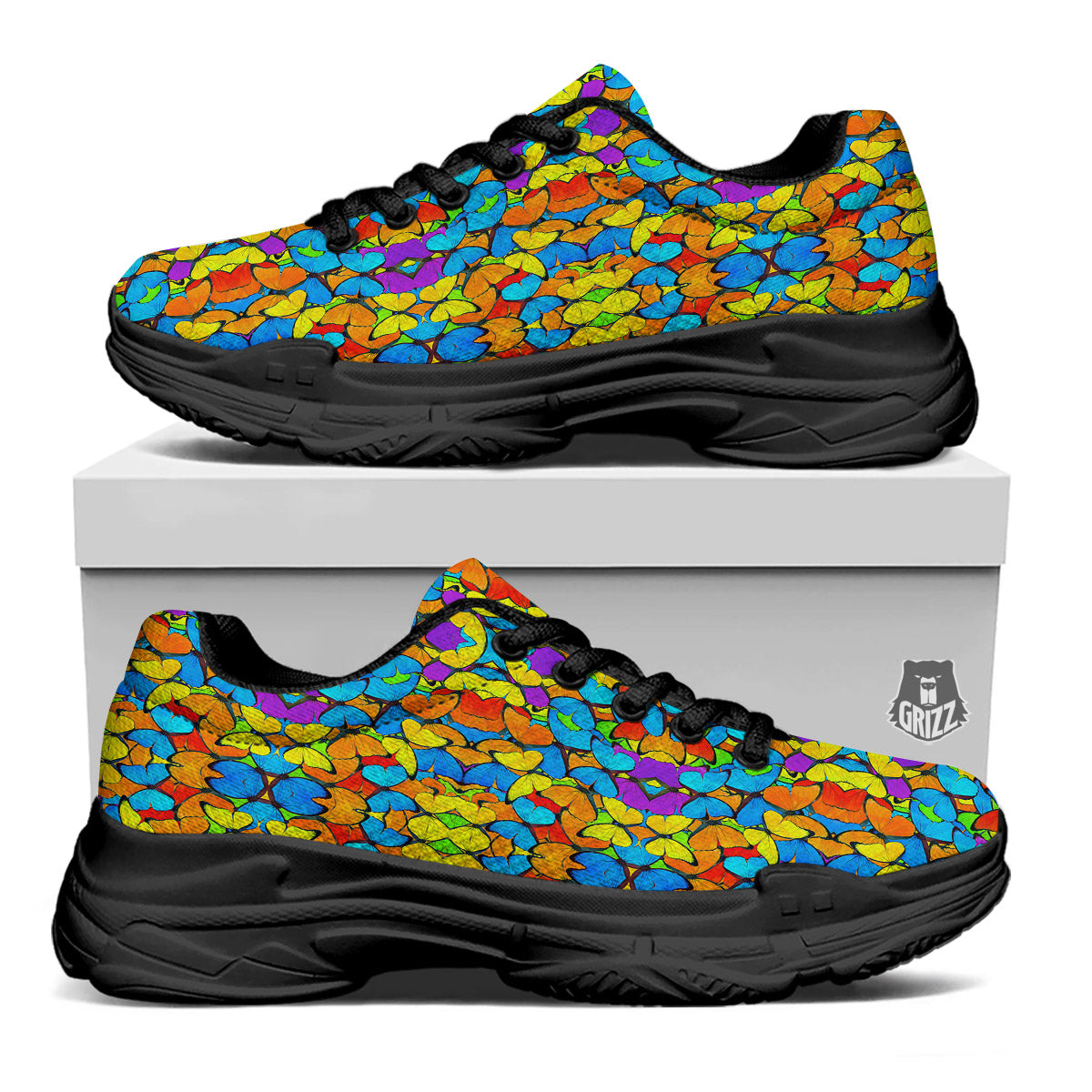 Butterfly Colorful Print Pattern Black Chunky Shoes-grizzshop