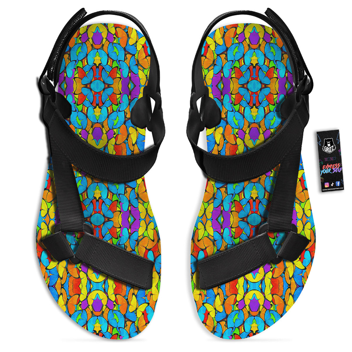 Butterfly Colorful Print Pattern Black Open Toe Sandals-grizzshop