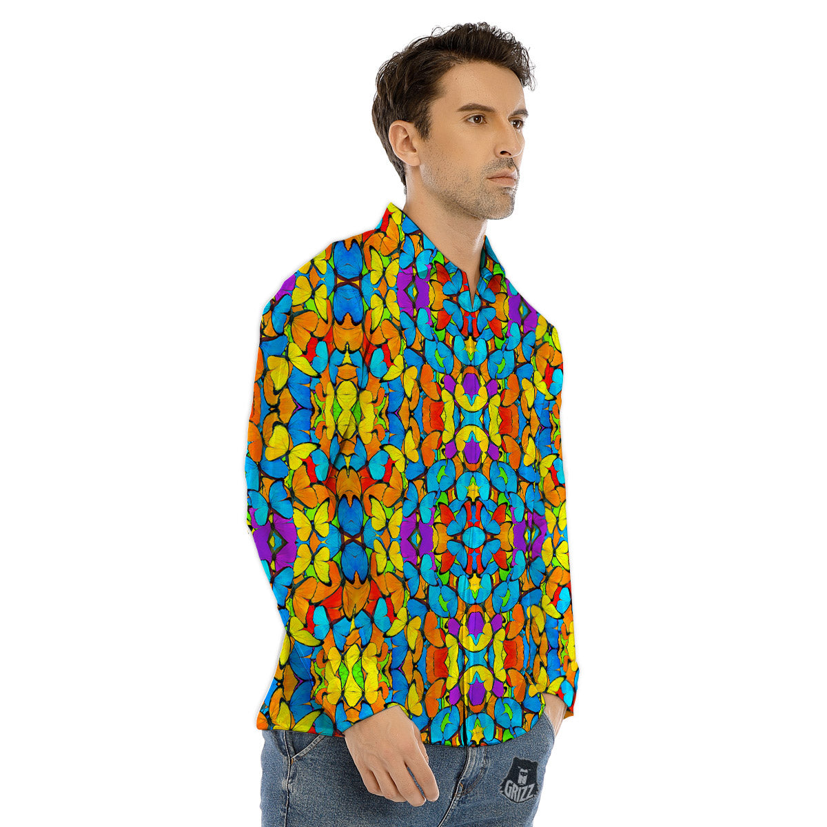 Butterfly Colorful Print Pattern Men's Dress Shirts-grizzshop