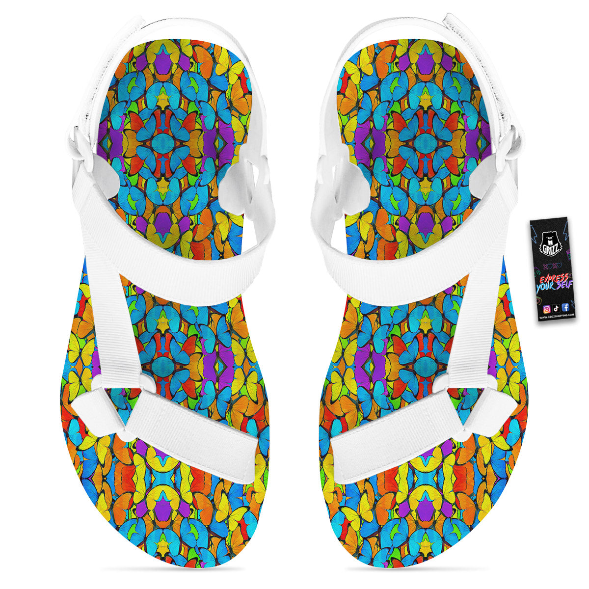 Butterfly Colorful Print Pattern White Open Toe Sandals-grizzshop