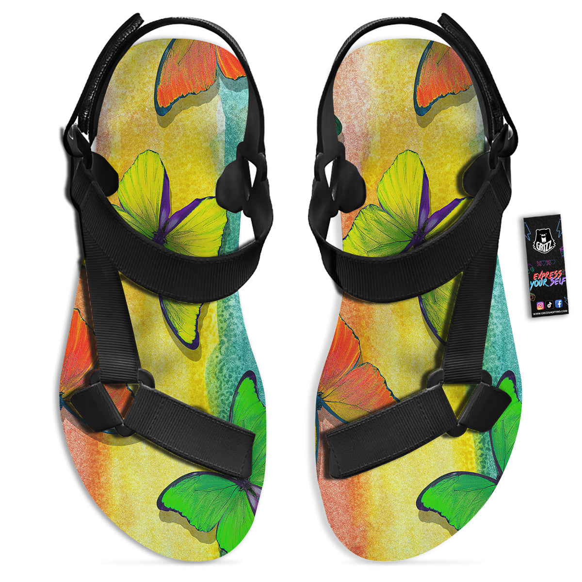 Butterfly Colorful Watercolor Print Black Open Toe Sandals-grizzshop